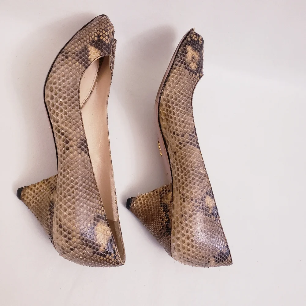 Prada Python Snakeskin Pattern Peeptoe Kitten Heels, Size 36.5